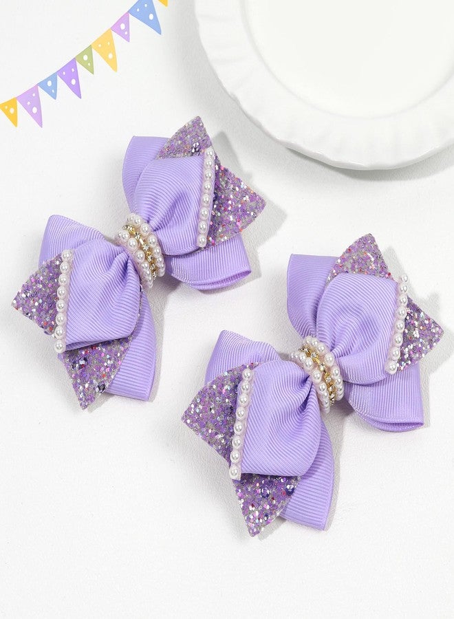 مشابك شعر لامعة مزينة بترتر لامع مقاس 4 بوصات، دبابيس شعر على شكل فيونكة من اللؤلؤ لحفلات الزفاف، مناسبة للمراهقات والأطفال الصغار، إكسسوار لتزيين فساتين حفلات أعياد ميلاد الفتيات المشجعات (بنفسجي فاتح) - Image 5